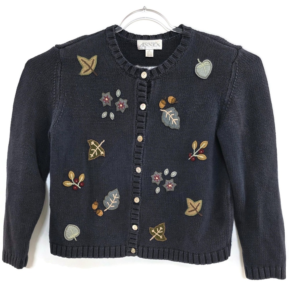 Vintage Casual Corner Annex Sweater Womens XL Blue Fall Leaf‎ Cardigan Ramie